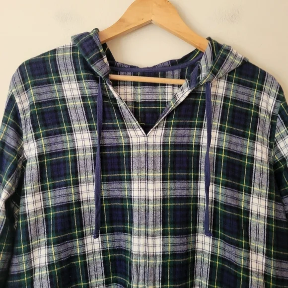 LL Bean Scotch Plaid Flannel Pullover Hoodie Navy And White Outdoor Grunge Large - Picture 3 of 8